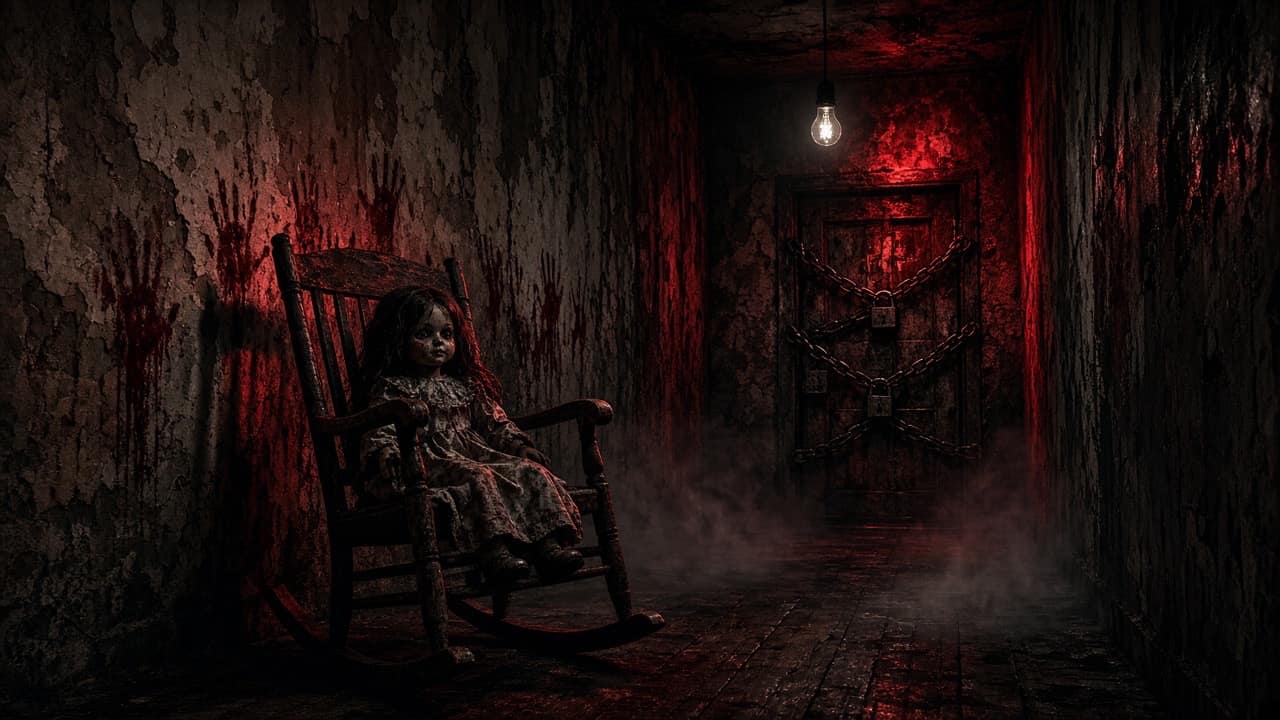 Scary escape room hallway with a creepy doll and chained door