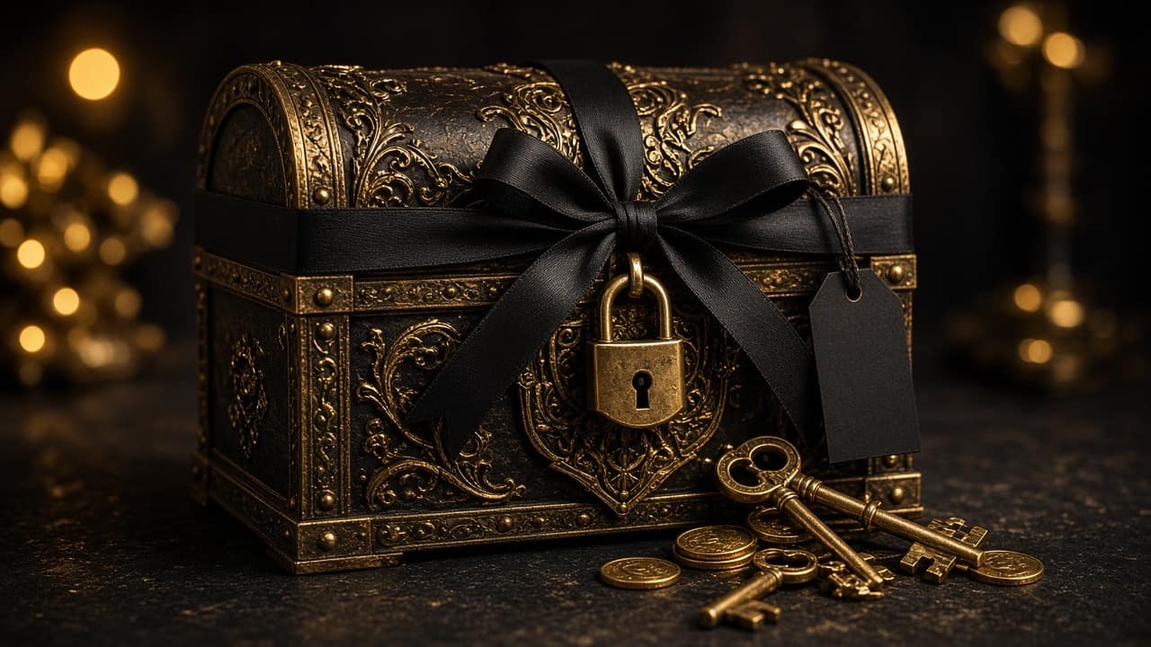 Locked treasure chest tied with a black ribbon and golden keys