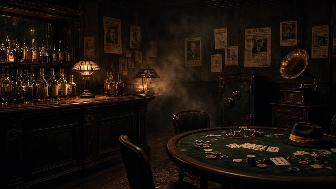 1930s Chicago speakeasy with a bar, safe and poker table