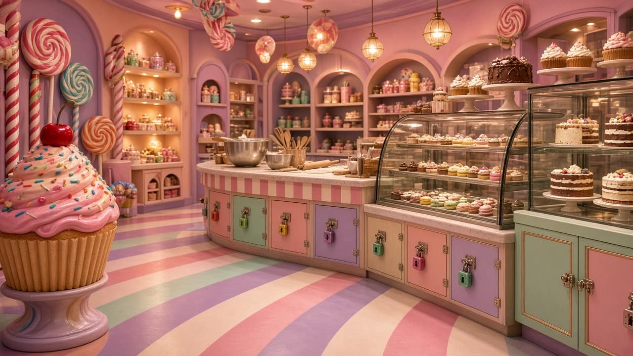 Colourful candy bakery with cupcakes, lollipops and locked cabinets