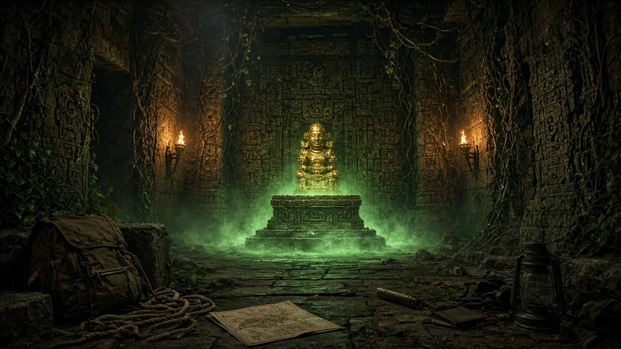 Cursed jungle temple with a golden idol and explorer gear