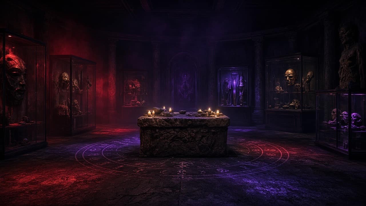 Dark museum with a candlelit ritual altar and occult symbols
