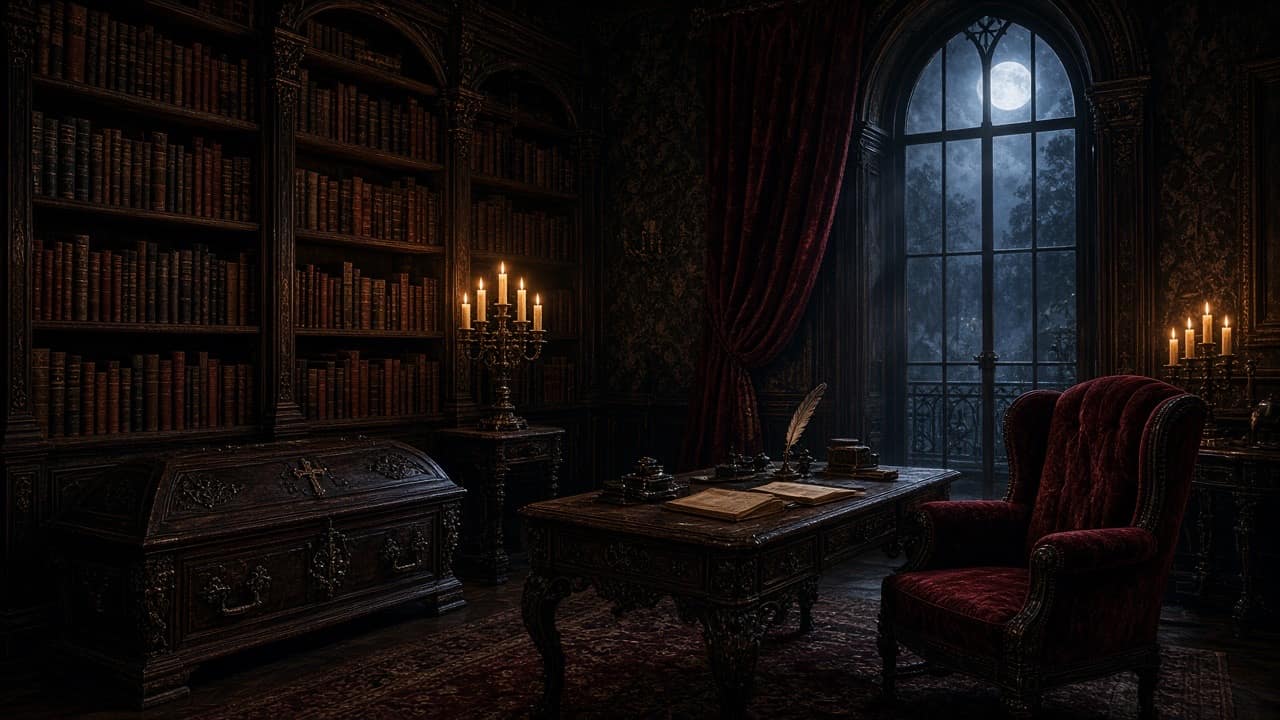 Gothic vampire library with candelabras and a coffin
