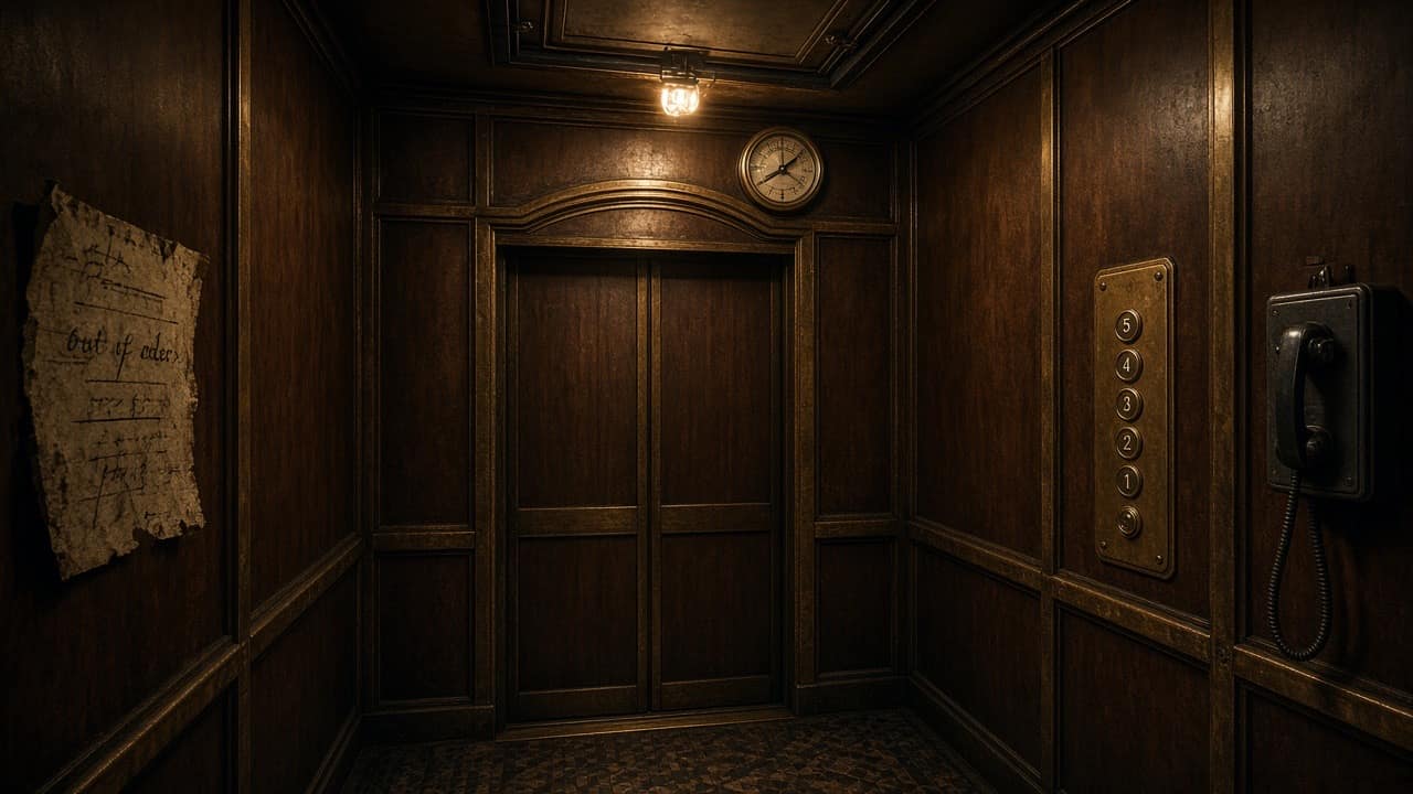 Inside a vintage wood-panelled elevator with an out-of-order sign