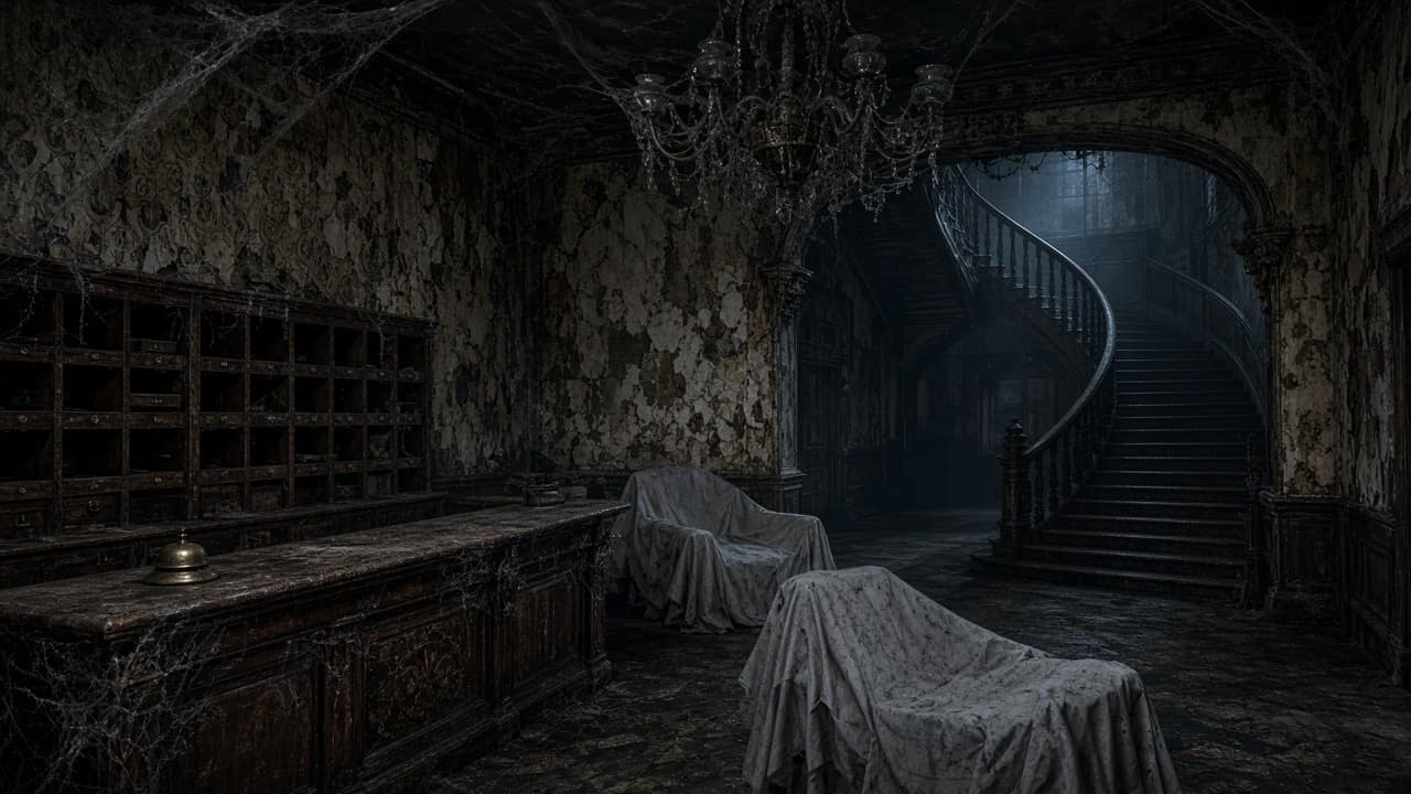 Abandoned haunted hotel lobby with cobwebs and a grand staircase