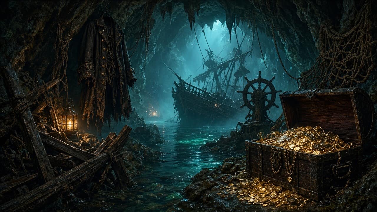 Pirate sea cave with a shipwreck and treasure chest