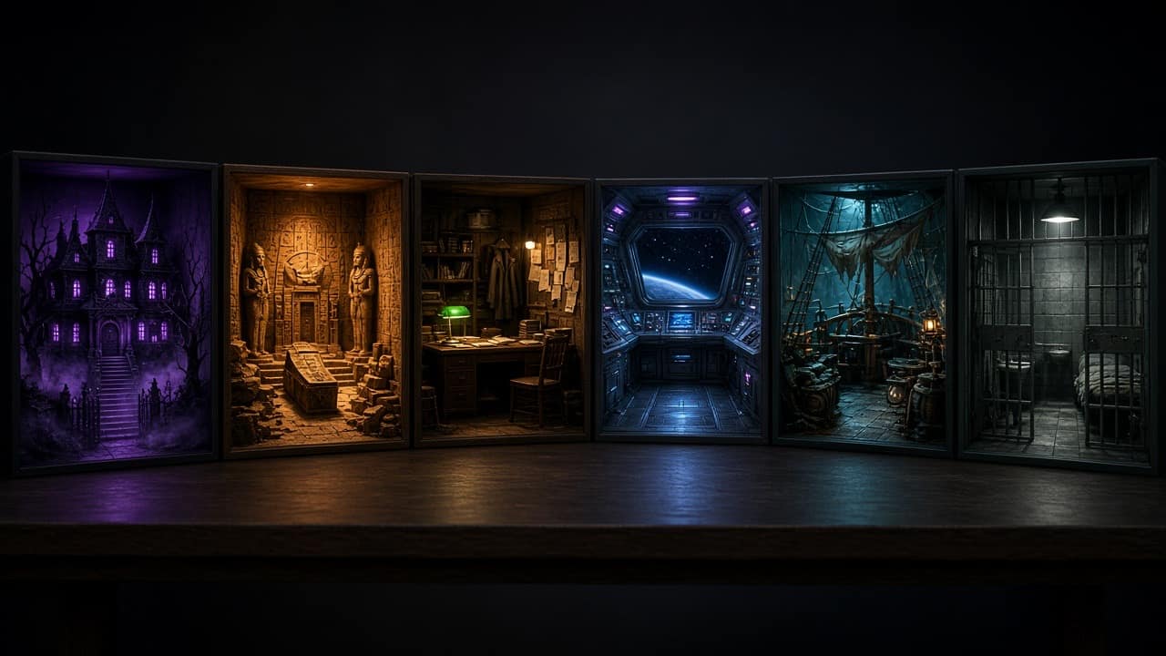 Miniature dioramas of popular escape room themes