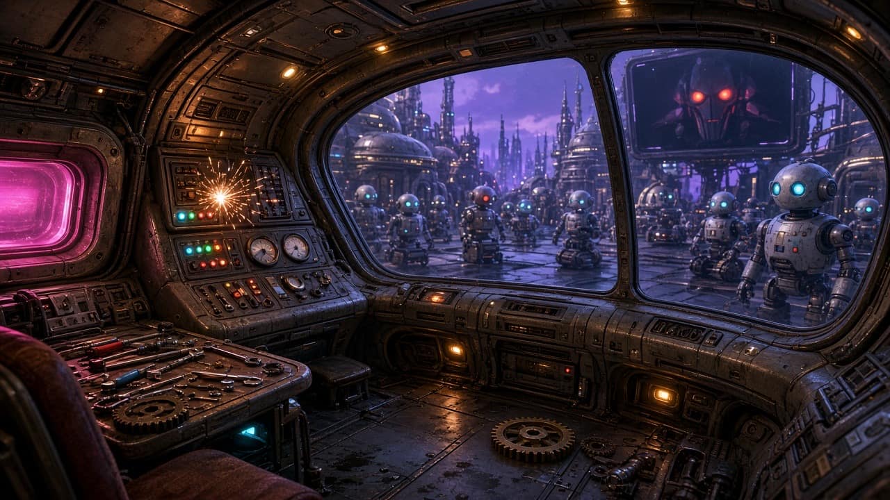 Crash-landed spaceship cockpit overlooking a robot city
