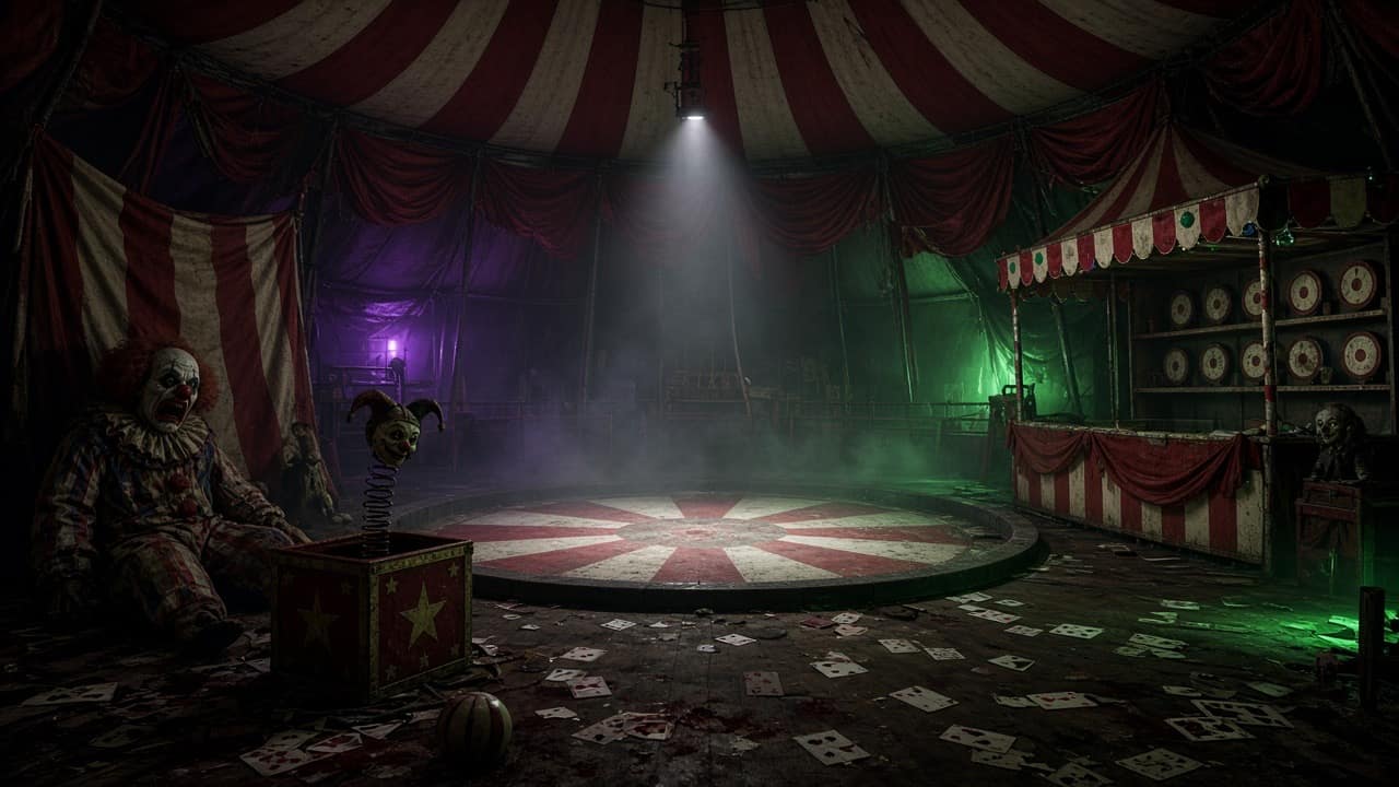Creepy abandoned circus tent with clown props and scattered cards