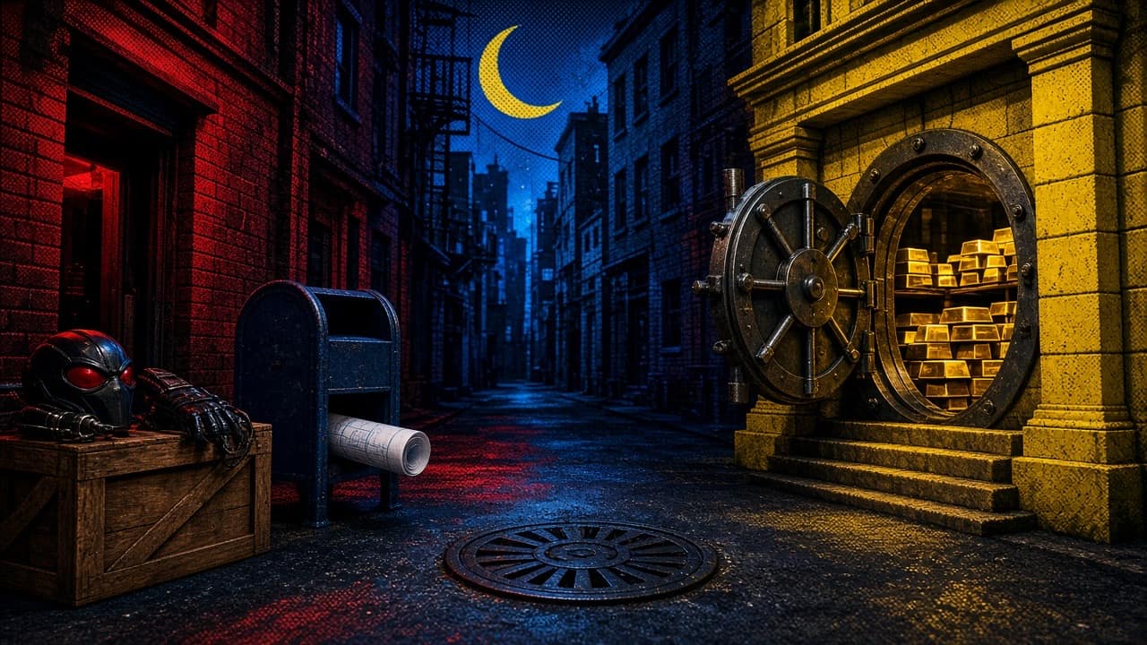 Comic-style city street with a bank vault full of gold