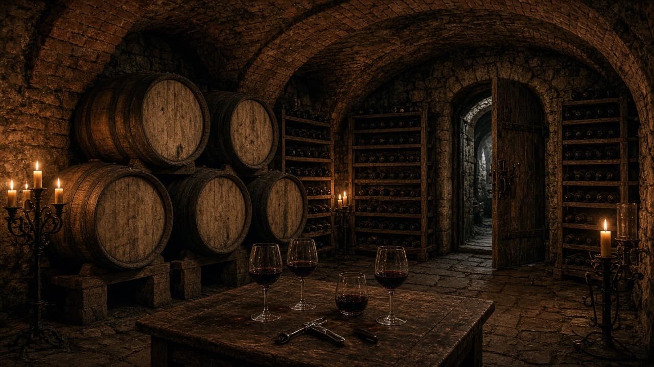 Candlelit stone wine cellar with barrels and tasting glasses