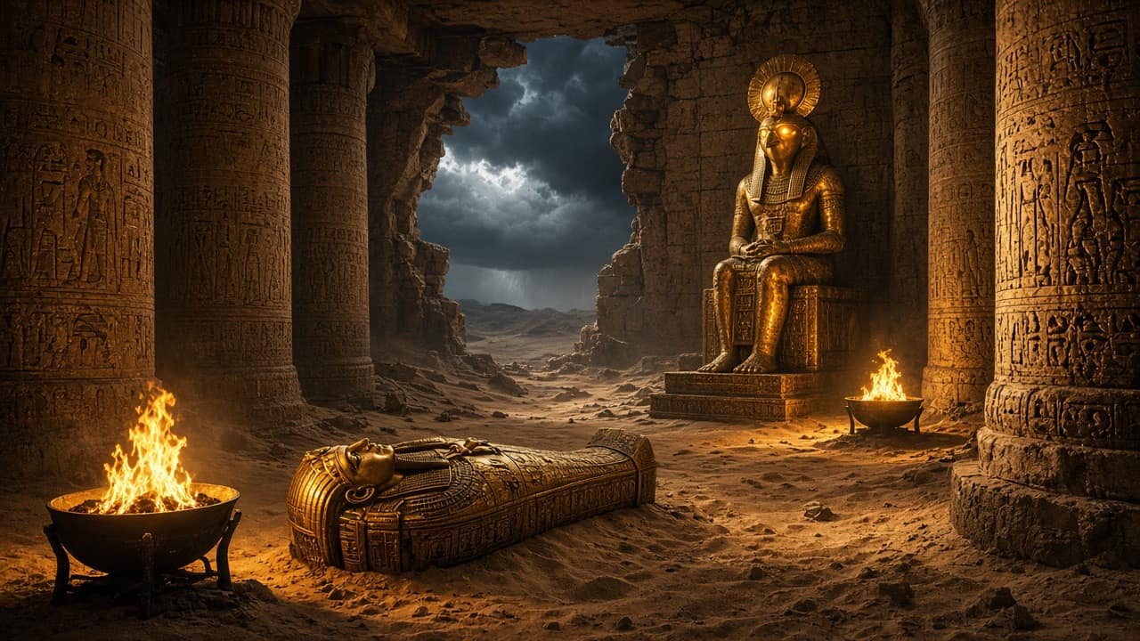 Egyptian temple with a golden statue and sarcophagus
